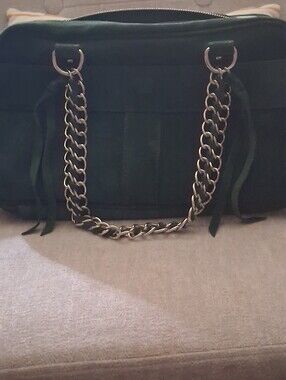 Dark Green Suede Shoulder Bag with Chain Straps